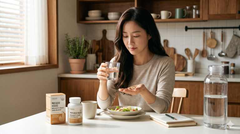 맥주효모비오틴 효능과 부작용 4가지: 정수리 빈틈과 손톱 갈라짐 3개월 챙겨 먹으며 알게 된 솔직 복용법 글의 이미지로 여성이 맥주효모비오틴을 복용하고 있는 모습